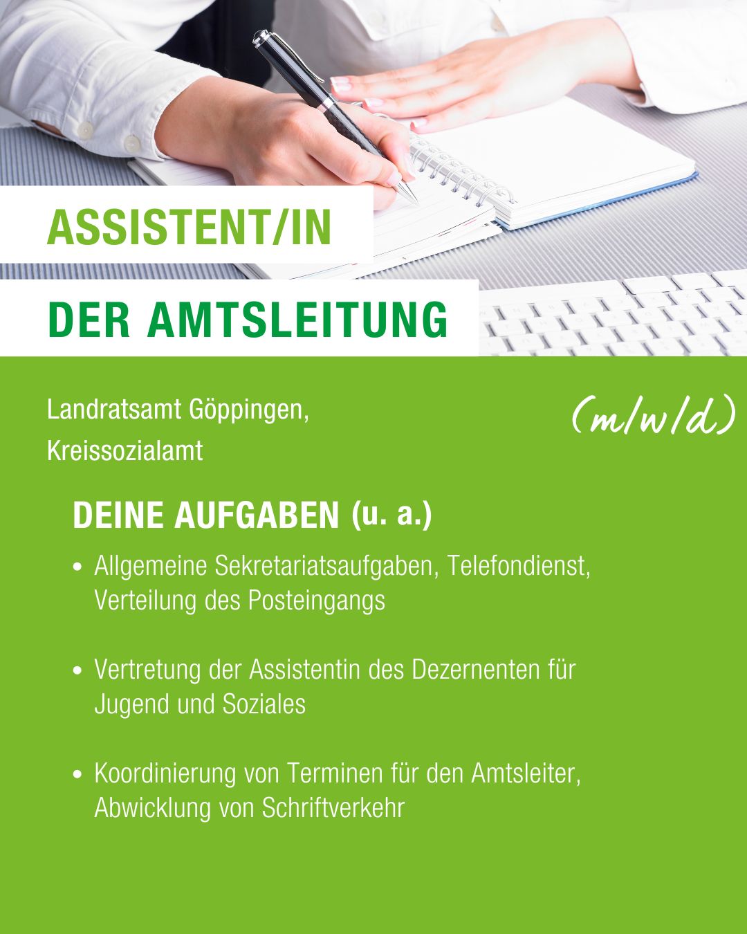 Dieser Alternativtext wurde KI-generiert: Ein farbiges Dokument mit Text, das eine Stellenausschreibung bewirbt. Es listet Aufgaben wie Sekretariatsarbeiten und Terminplanung auf.