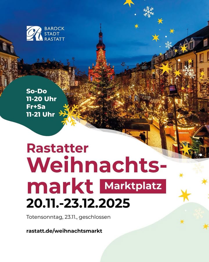 Dieser Alternativtext wurde KI-generiert: Ein farbenfrohes Plakat mit Illustrationen von Schneeflocken und Sternen bewirbt einen Weihnachtsmarkt. Es enthält Informationen zu Öffnungszeiten und Datum des Marktes.