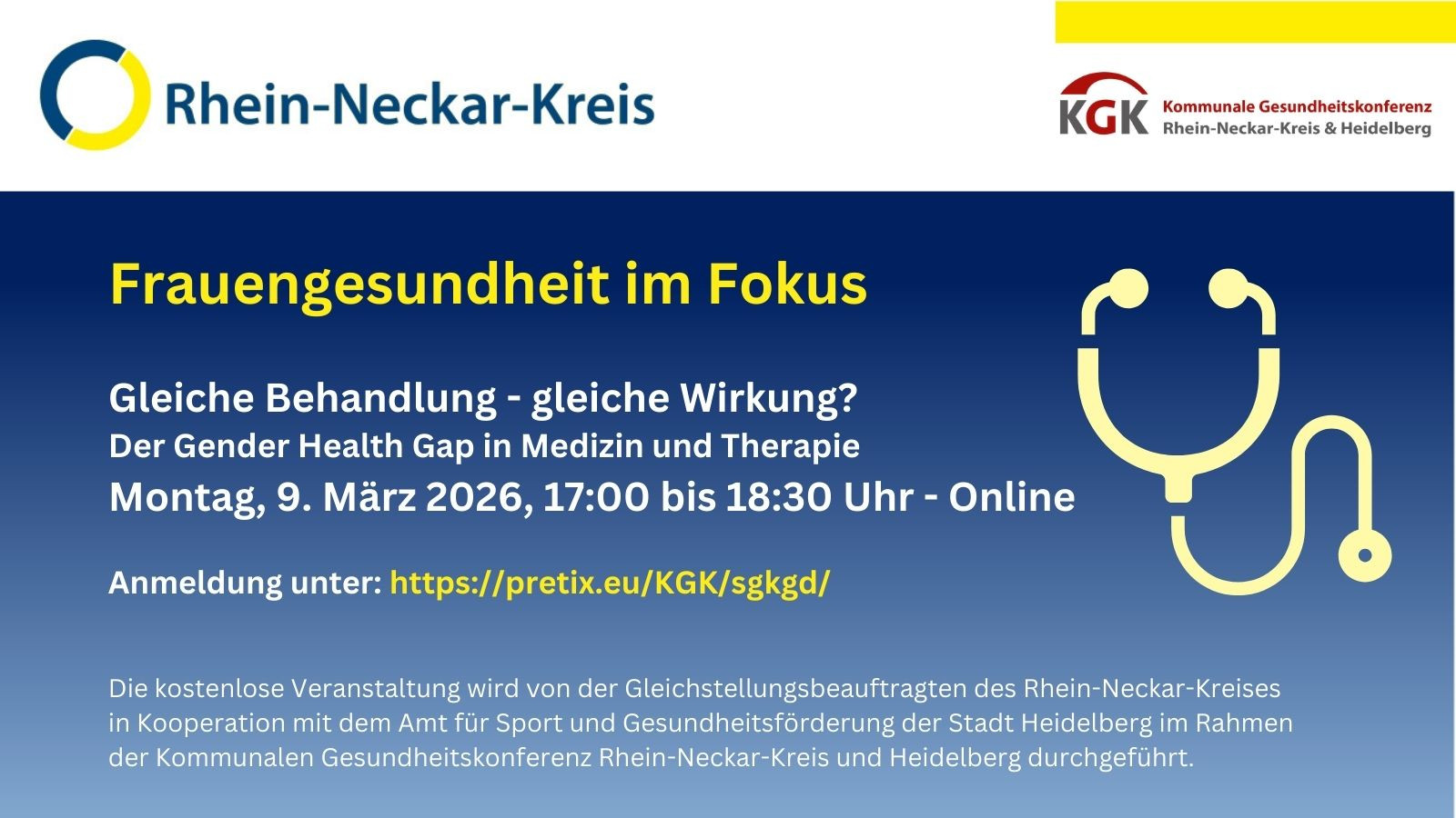 Dieser Alternativtext wurde KI-generiert: Schwarz-weißes Plakat mit Text zu einem Online-Event über Frauengesundheit. Ein Stethoskop-Symbol ist neben dem Text zu sehen.