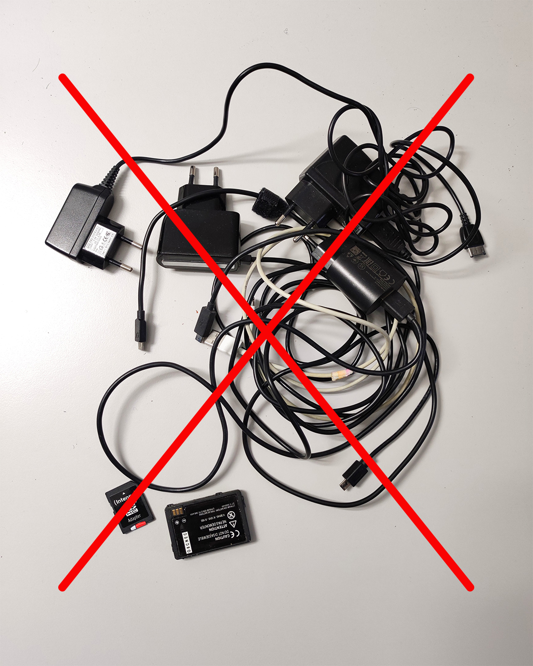 Dieser Alternativtext wurde KI-generiert: Eine Sammlung verschiedener Stromadapter und Kabel liegt auf einer hellen Oberfläche. Ein rotes Kreuz überzieht das Bild.