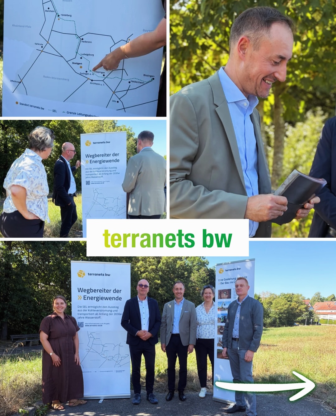 Kollage mit vier Bildern: Oben links zeigt eine Hand auf eine Karte der Region Stuttgart, oben rechts hält eine Person ein Buch. In den unteren Bereichen stehen Personen vor Rollups mit den Texten 'terranets bw' und 'Wegbereiter der Energiewende', wobei ein weißer Pfeil nach rechts zeigt. (KI-Alternativtext)