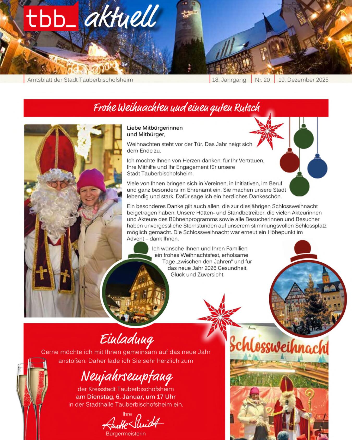 Dieser Alternativtext wurde KI-generiert: Schwarz-weißes Foto einer Zeitungsseite mit weihnachtlichen Illustrationen, Text und Ankündigungen. Das Layout enthält Überschriften, Absätze und Unterschriften.