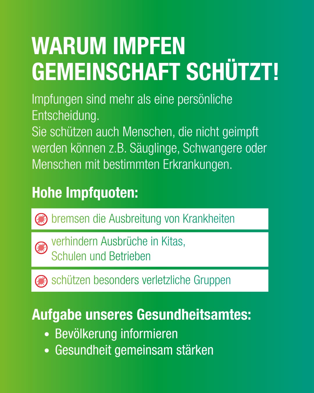 Dieser Alternativtext wurde KI-generiert: Schwarz-weißer Werbeplakat mit Text zur Bedeutung von Impfungen für die Gemeinschaft. Es werden Vorteile hoher Impfquoten und die Aufgabe des Gesundheitsamtes genannt.