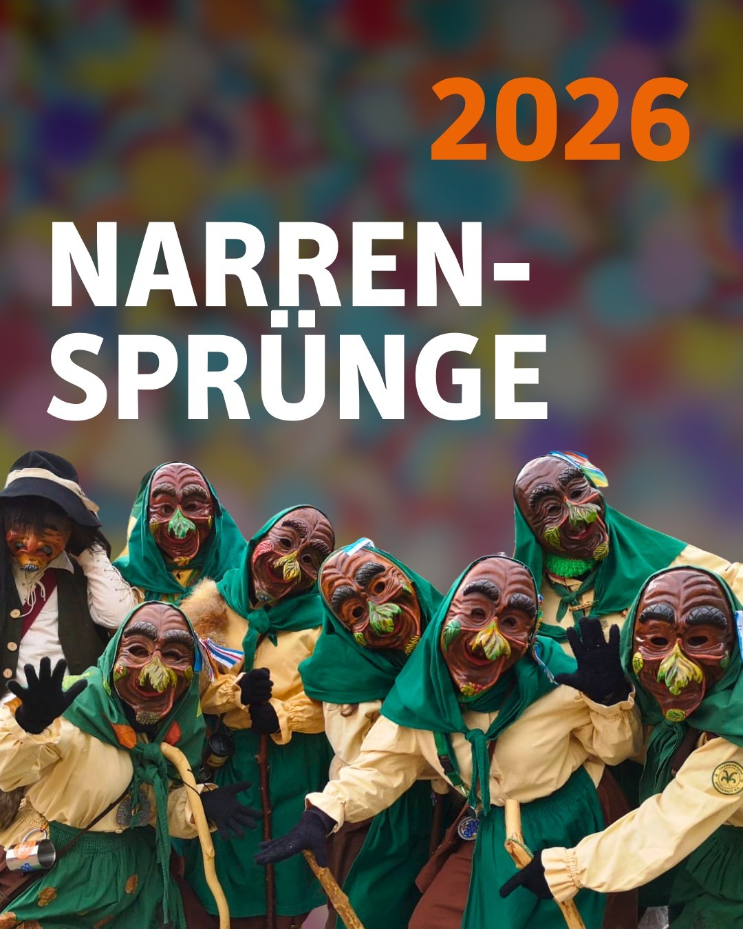 Abbildung von einer Fasnetszunft, bestehend aus mehreren Waldhexen, mit Maske und Häs.
Bildtext: 2026 - Narrensprünge