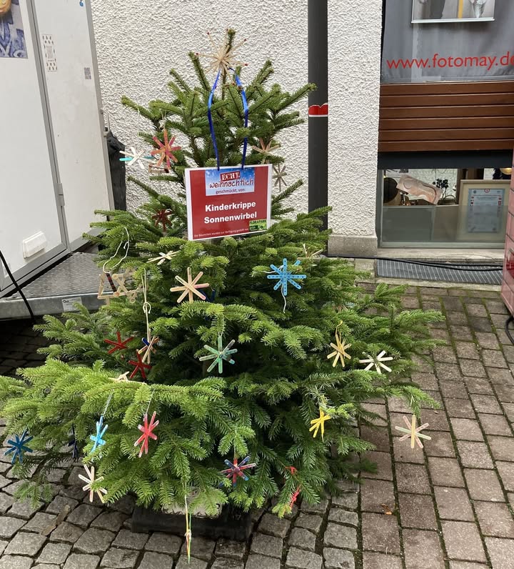 Dieser Alternativtext wurde KI-generiert: Ein kleiner Weihnachtsbaum steht vor einem Gebäude. Der Baum ist mit Ornamenten geschmückt und steht auf einem Pflastersteinboden.