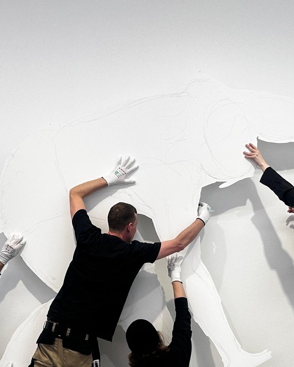 Dieser Alternativtext wurde KI-generiert: Mehrere Hände mit weißen Handschuhen arbeiten an einer großen, skizzenhaften Umrissform an einer hellen Wand. Die monochrome Darstellung betont die Linien und Formen des Kunstwerks.