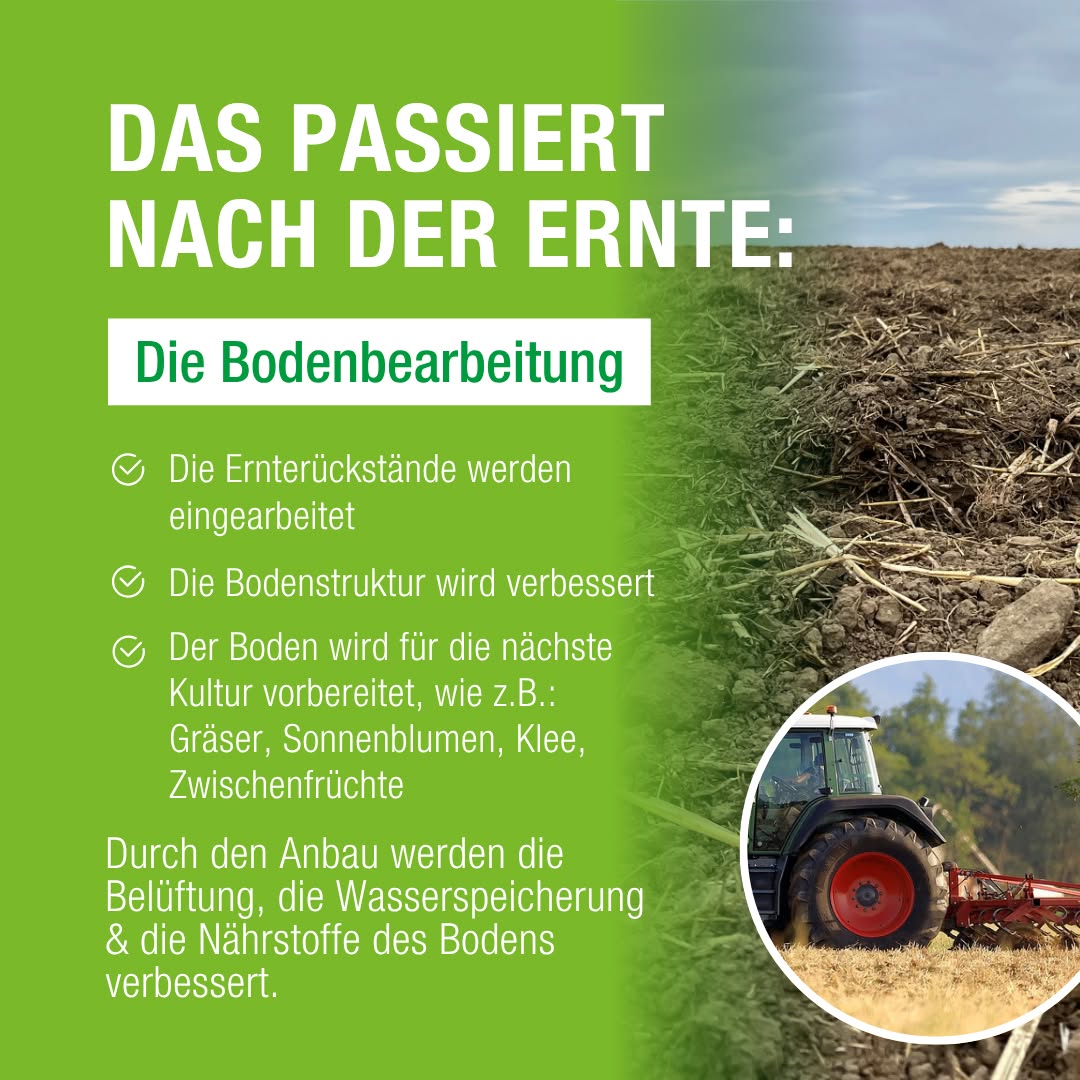 Ein farbiges Bild zeigt ein Feld nach der Ernte. Im Hintergrund ist ein Traktor zu sehen, der Feldarbeiten durchführt, und Text erklärt die Bodenbearbeitung.