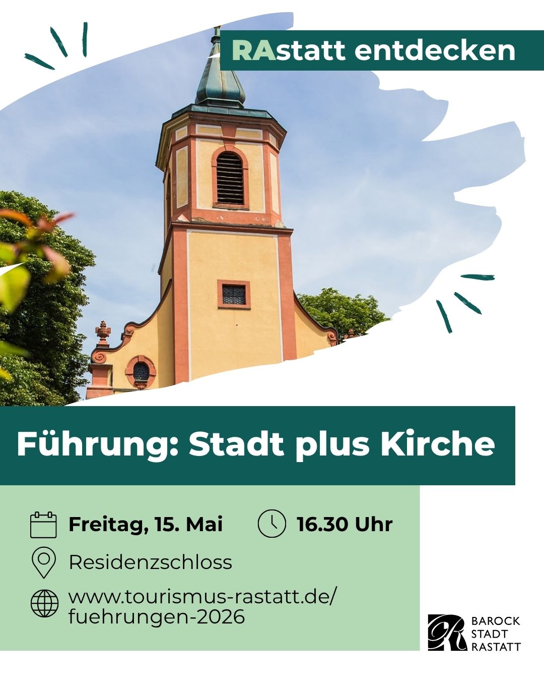 Dieser Alternativtext wurde KI-generiert: Ein farbenfrohes Plakat zeigt eine Kirche mit Zwiebelturm vor einem blauen Himmel. Unten stehen Informationen zu einer Führung durch die Stadt und zur Kirche.