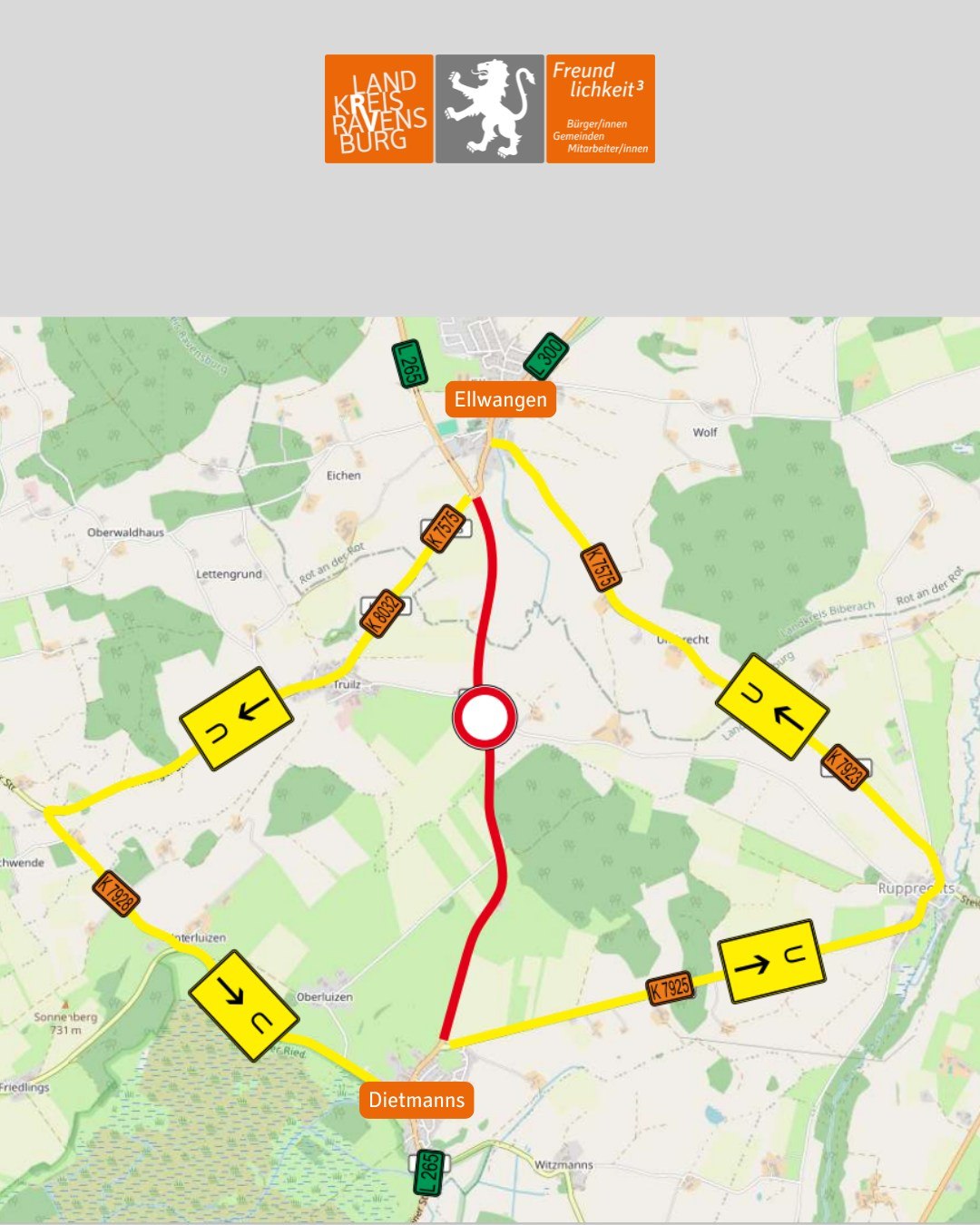 Umleitungskarte mit eingezeichneten Wegführungen.