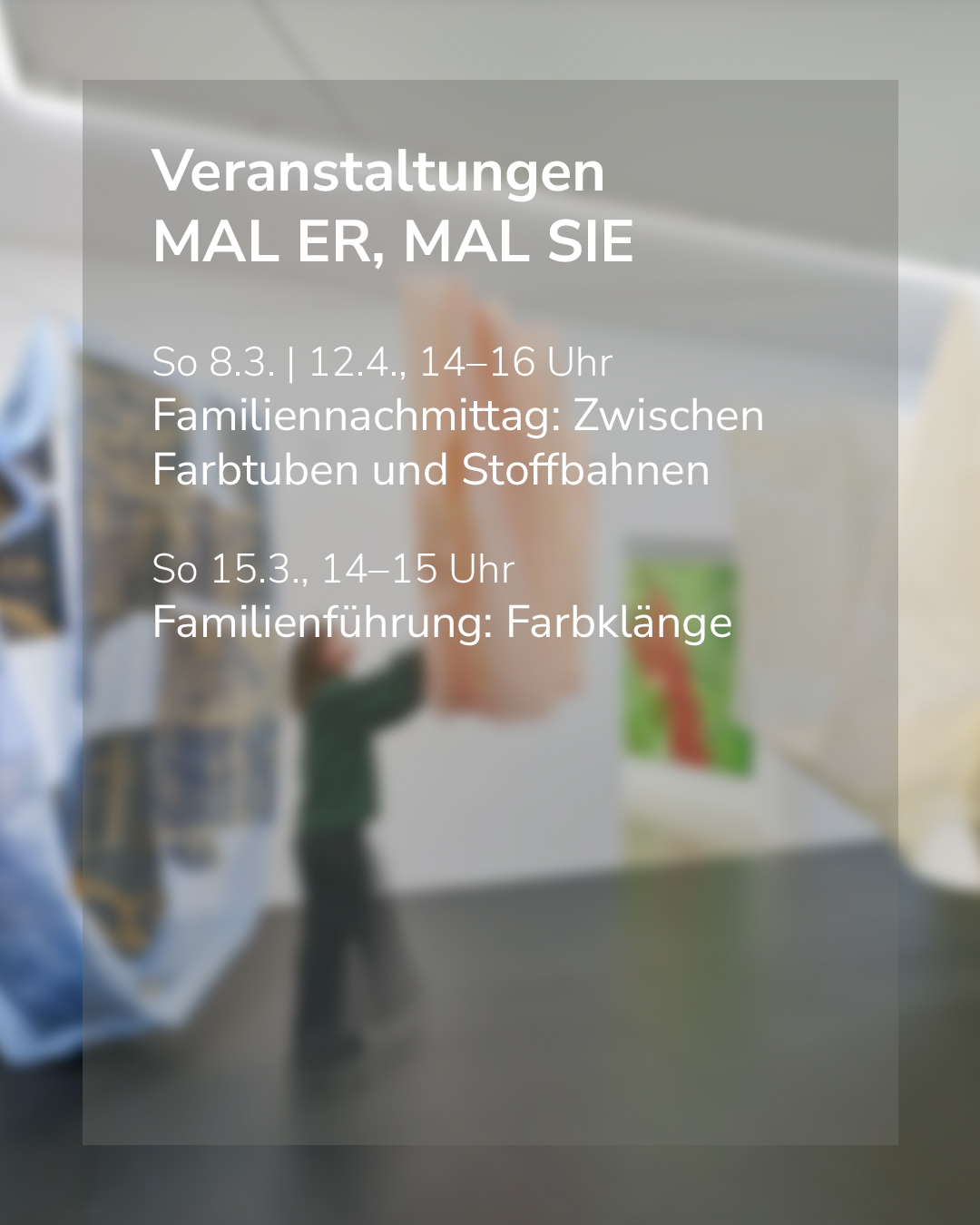 Dieser Alternativtext wurde KI-generiert: Ein verschwommenes, farbiges Bild zeigt Informationen zu Veranstaltungen. Es werden Daten und kurze Beschreibungen verschiedener Familientermine genannt.