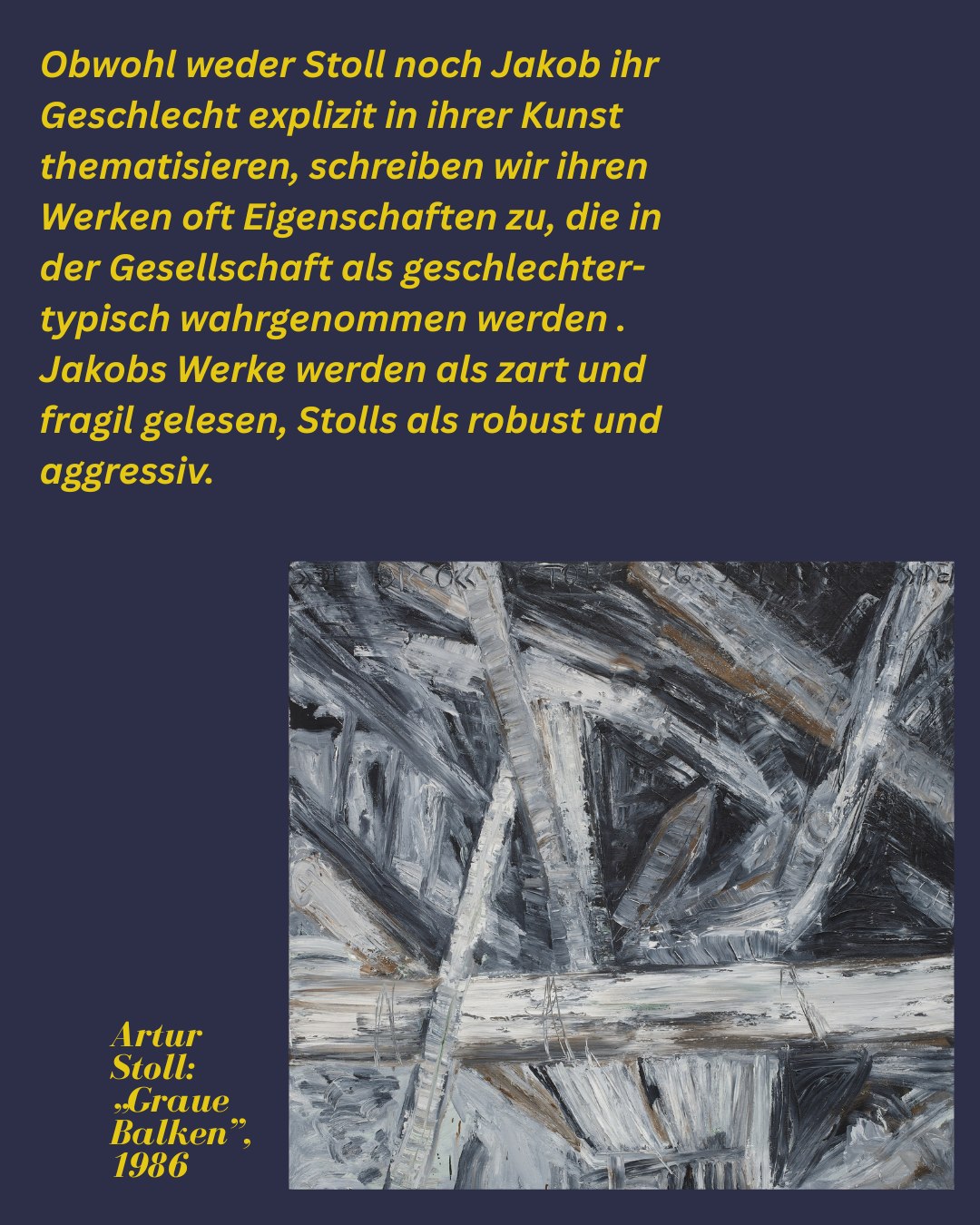 Dieser Alternativtext wurde KI-generiert: Abstraktes Gemälde in Grautönen mit unregelmäßigen, balkenartigen Formen. Unten befindet sich ein Textfeld mit dem Titel und dem Jahr der Entstehung des Werks.