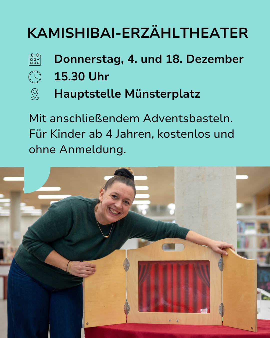 Dieser Alternativtext wurde KI-generiert: Ein farbiges Bild zeigt eine Person mit einem Holztheater. Der Text kündigt eine Erzähltheater-Aufführung für Kinder an, inklusive Bastelangebot.
