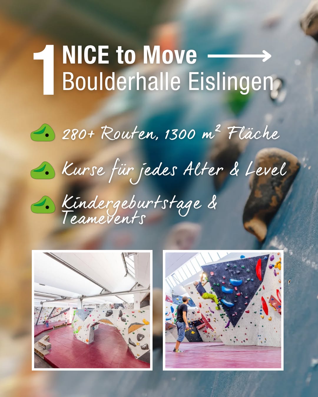 Dieser Alternativtext wurde KI-generiert: Werbung für eine Kletterhalle. Das Bild zeigt Informationen zu Routen, Flächen, Kursen und Veranstaltungen sowie kleine Ansichten des Innenbereichs der Halle.