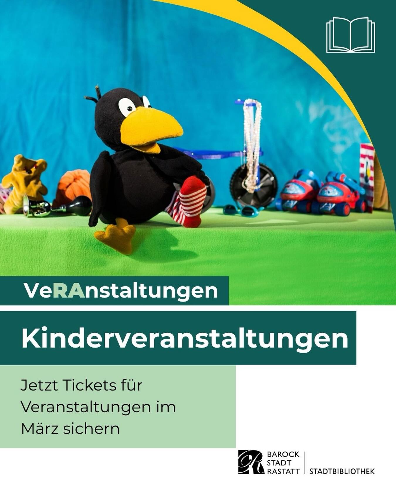 Dieser Alternativtext wurde KI-generiert: Ein farbiges Werbeplakat kündigt Kinderveranstaltungen im März an. Auf dem Bild sind Spielzeug und ein Vogel zu sehen.