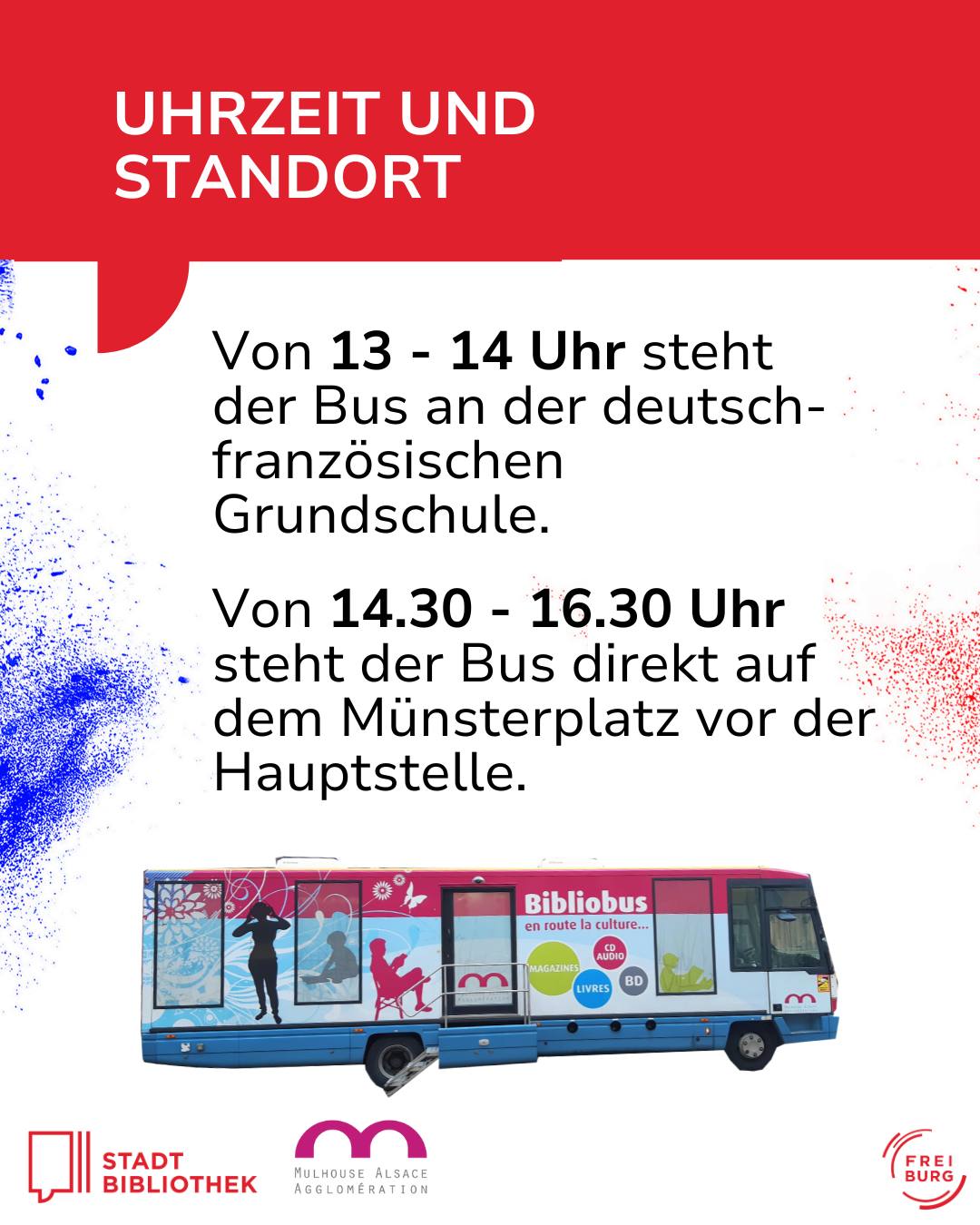 Dieser Alternativtext wurde KI-generiert: Ein Werbeplakat mit Informationen zu den Haltestellen und Zeiten eines Busses. Das Plakat zeigt außerdem Illustrationen und Logos verschiedener Institutionen.