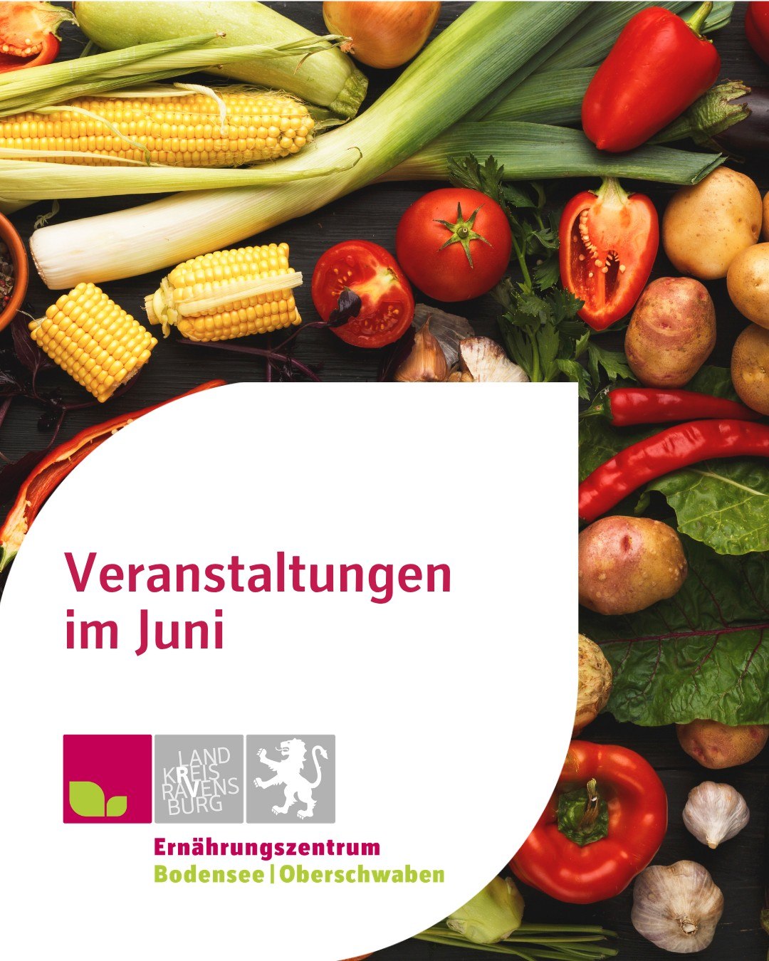 Zu sehen ist regionales Gemüse sowie das Logo des Ernährungszentrums Bodensee-Oberschwaben. Bildtext: Veranstaltungen im Juni.