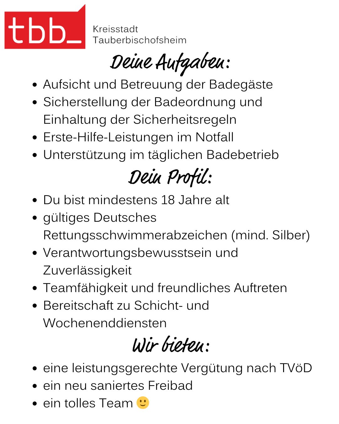 Dieser Alternativtext wurde KI-generiert: Schwarz-weißes Bild mit Text. Es listet Aufgaben und Anforderungen für eine Stelle auf, sowie angebotene Leistungen, einschließlich Altersvoraussetzung und Rettungsschwimmerabzeichen.