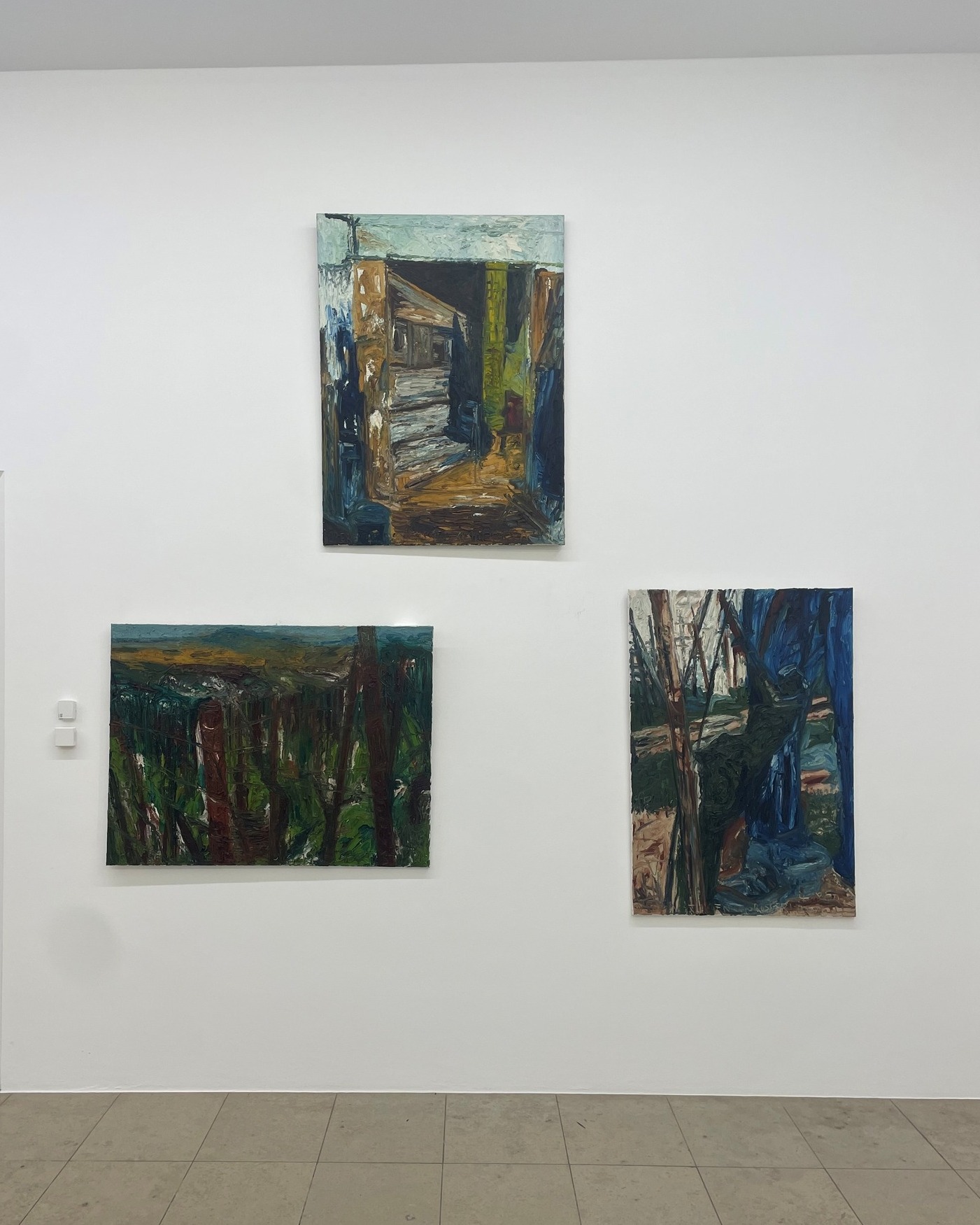 Dieser Alternativtext wurde KI-generiert: Drei Gemälde hängen an einer hellen Wand. Die Gemälde zeigen abstrakte Landschaften und architektonische Elemente in dunklen, kräftigen Farben.