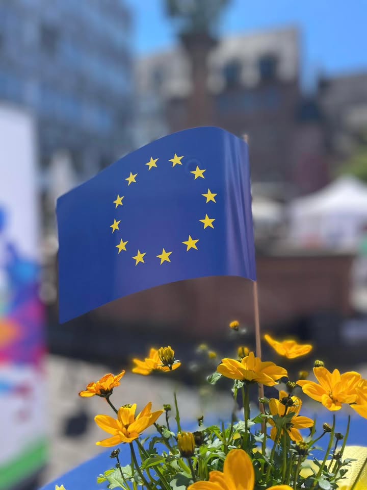 Dieser Alternativtext wurde KI-generiert: Eine blau-gelbe Flagge mit Sternenmotiv ist im Vordergrund zu sehen. Gelbe Blumen blühen davor und im Hintergrund ist eine unscharfe Szene mit weiteren Pflanzen und Zelten erkennbar.