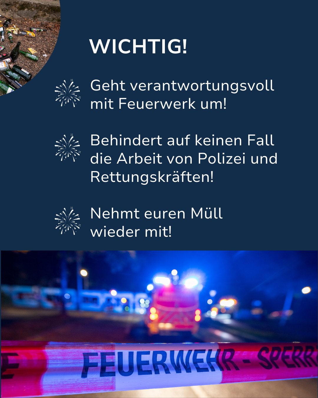 Dieser Alternativtext wurde KI-generiert: Ein dunkles Bild mit Text und funkelnden Symbolen. Der Text fordert einen verantwortungsvollen Umgang mit Feuerwerk und das Respektieren von Einsatzkräften.
