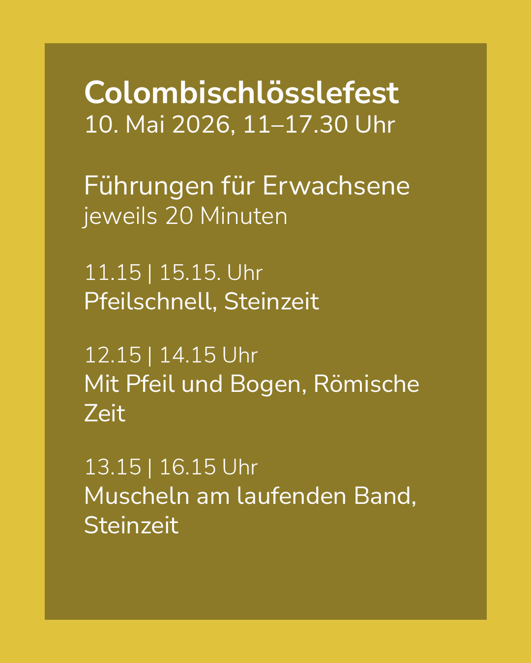 Dieser Alternativtext wurde KI-generiert: Ein goldfarbenes Plakat kündigt Veranstaltungen mit Zeitangaben an. Es werden Führungen für Erwachsene zu verschiedenen Themen angeboten.