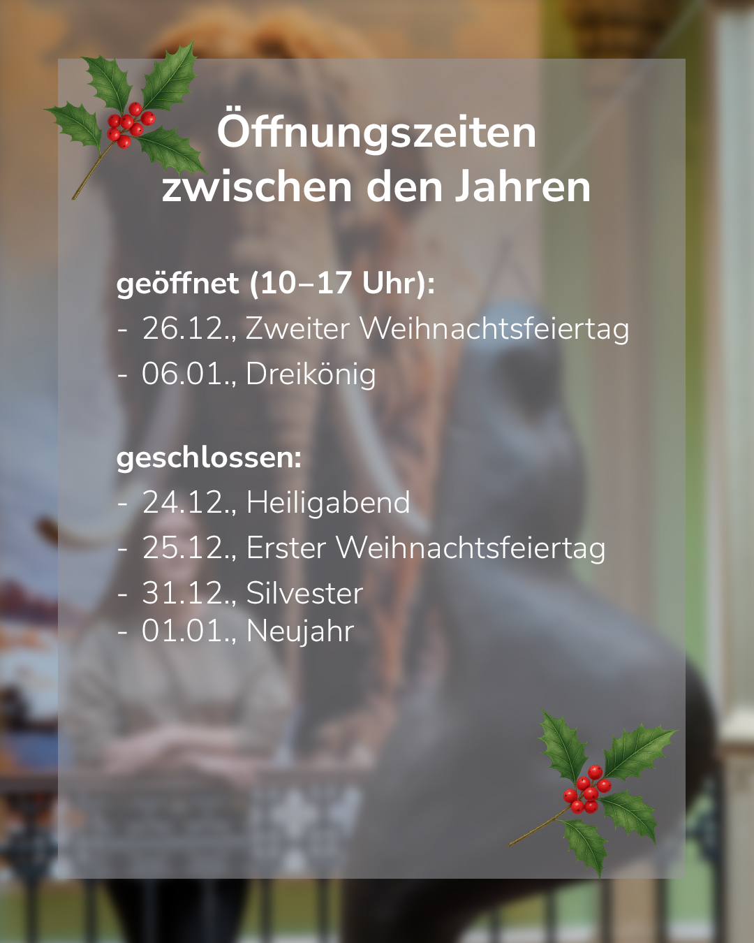 Dieser Alternativtext wurde KI-generiert: Ein unscharfes Bild mit Text zu Öffnungszeiten zwischen den Jahren. Es sind weihnachtliche Dekorationen wie Mistelzweige zu sehen.