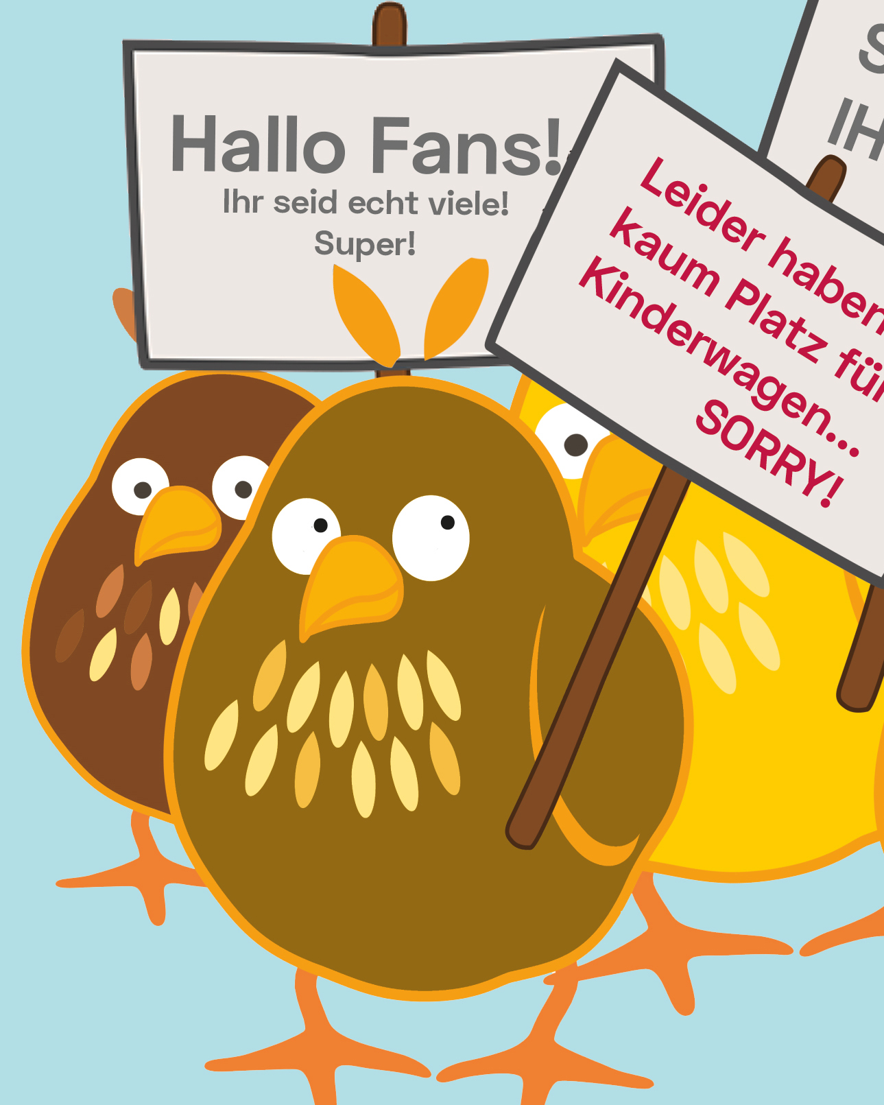 Dieser Alternativtext wurde KI-generiert: Eine stilisierte Illustration zeigt einen Vogel mit großen Augen und Hinweisschildern im Hintergrund. Die Szene ist farbig und nutzt auffällige Schriften.