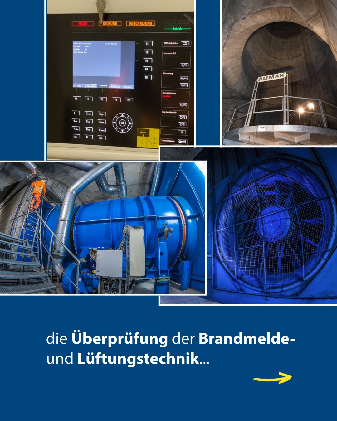 Dieser Alternativtext wurde KI-generiert: Eine Collage zeigt verschiedene technische Anlagen und Bildschirme in einem dunklen Raum. Blaue Beleuchtung betont die großen, industriellen Geräte.