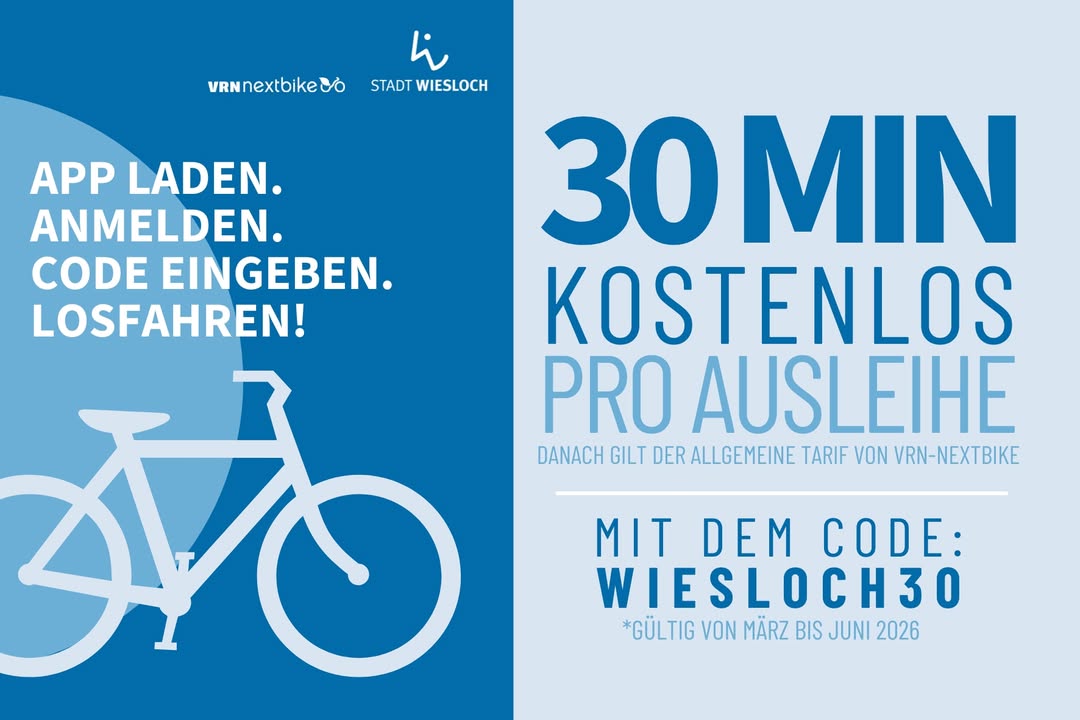 Dieser Alternativtext wurde KI-generiert: Werbeplakat mit einem Fahrrad und Text, der eine kostenlose Ausleihe für einen begrenzten Zeitraum bewirbt. Es werden Hinweise zur Nutzung einer App und eines Aktionscodes gegeben.