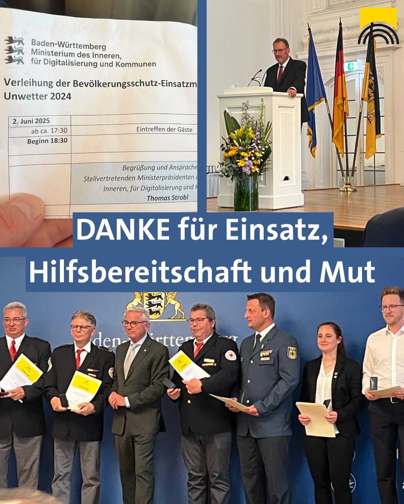 Das Bild zeigt eine Veranstaltung zur Verleihung des Bevölkerungsschutzes mit mehreren Personen und Flaggen. Im Vordergrund stehen Personen mit Urkunden.