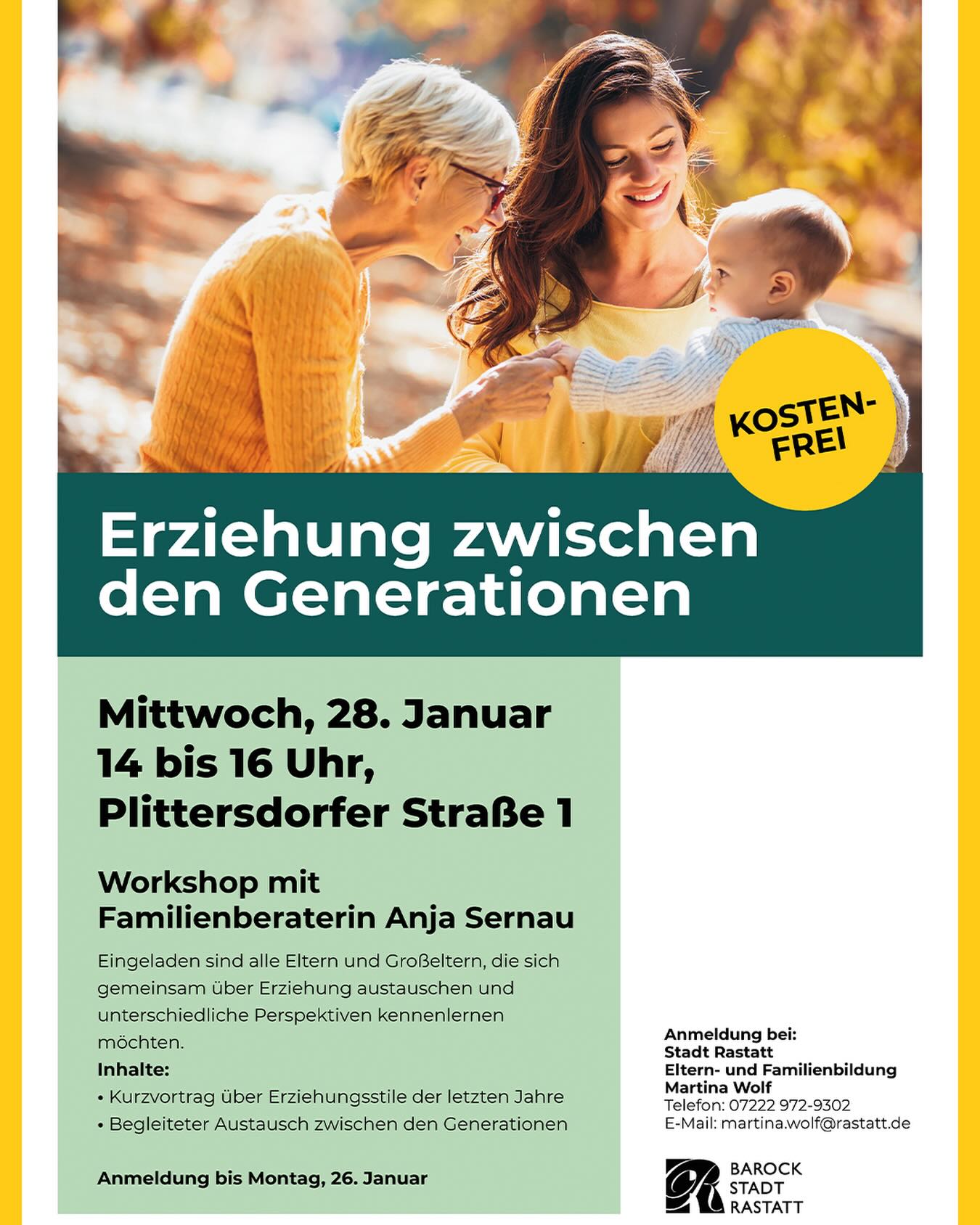 Dieser Alternativtext wurde KI-generiert: Ein farbiges Werbeplakat kündigt einen kostenlosen Workshop zum Thema Erziehung an. Das Plakat enthält Informationen zu Datum, Ort und Kontaktdaten.