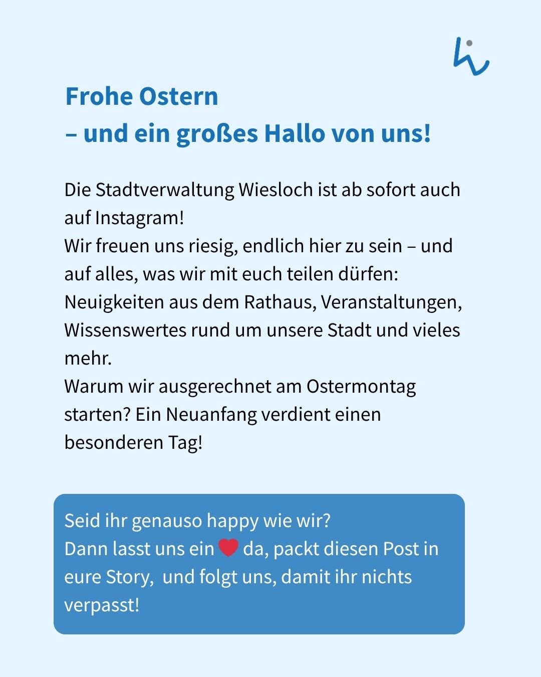 Dieser Alternativtext wurde KI-generiert: Ein festlicher Gruß zur Ostern mit blauem Hintergrund und Schriftzügen. Der Text kündigt die Anwesenheit einer Stadtverwaltung auf Instagram an.
