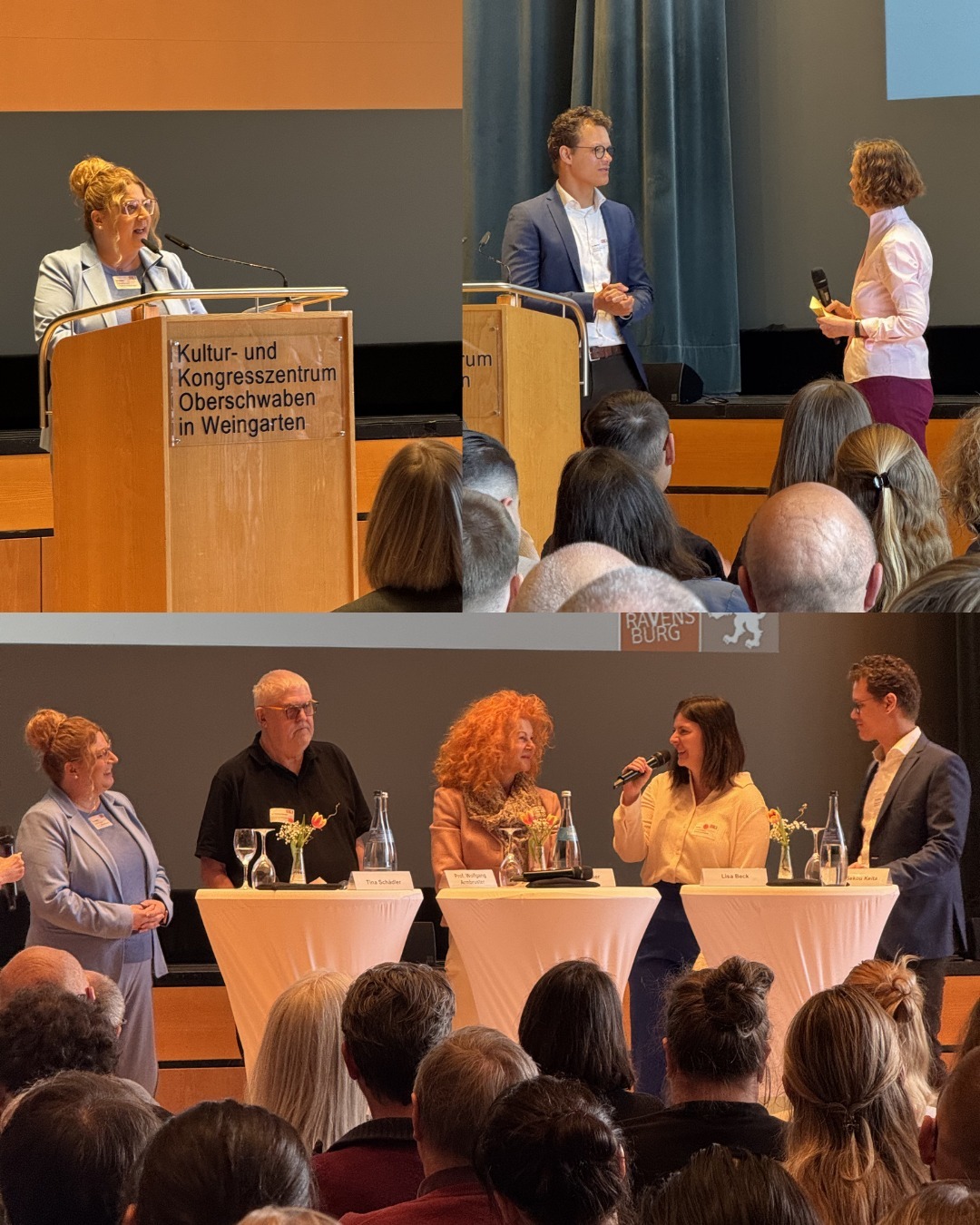 Zu sehen sind drei Bilder. Auf dem Bild oben links sieht man Frau Schädler, die gerade eine Begrüßungsrede hält.
Auf dem Bild rechts oben, sieht man Herrn Dr. Sekou Keita, der mit seinem Fachbeitrag beginnt.
Unten sieht man 5 Personen, die zusammen ein Podiumsgespräch führen.