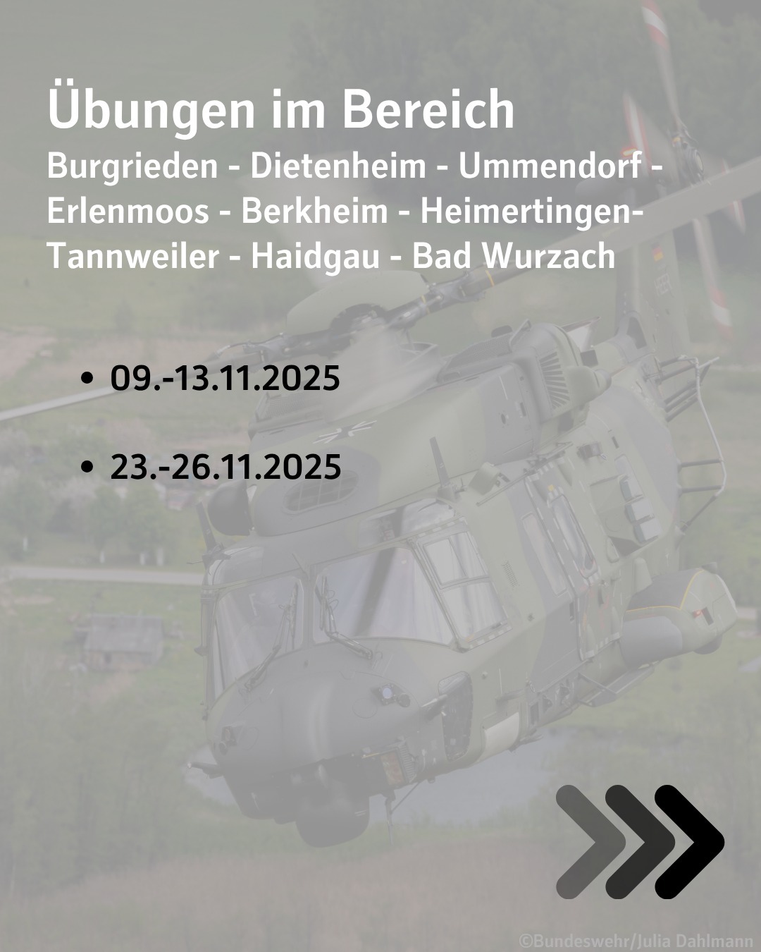 Text im Bild: Übungen im Bereich
Burgrieden - Dietenheim - Ummendorf -Erlenmoos - Berkheim - Heimertingen-Tannweiler - Haidgau - Bad Wurzach
09.-13.11.2025
23.-26.11.2025