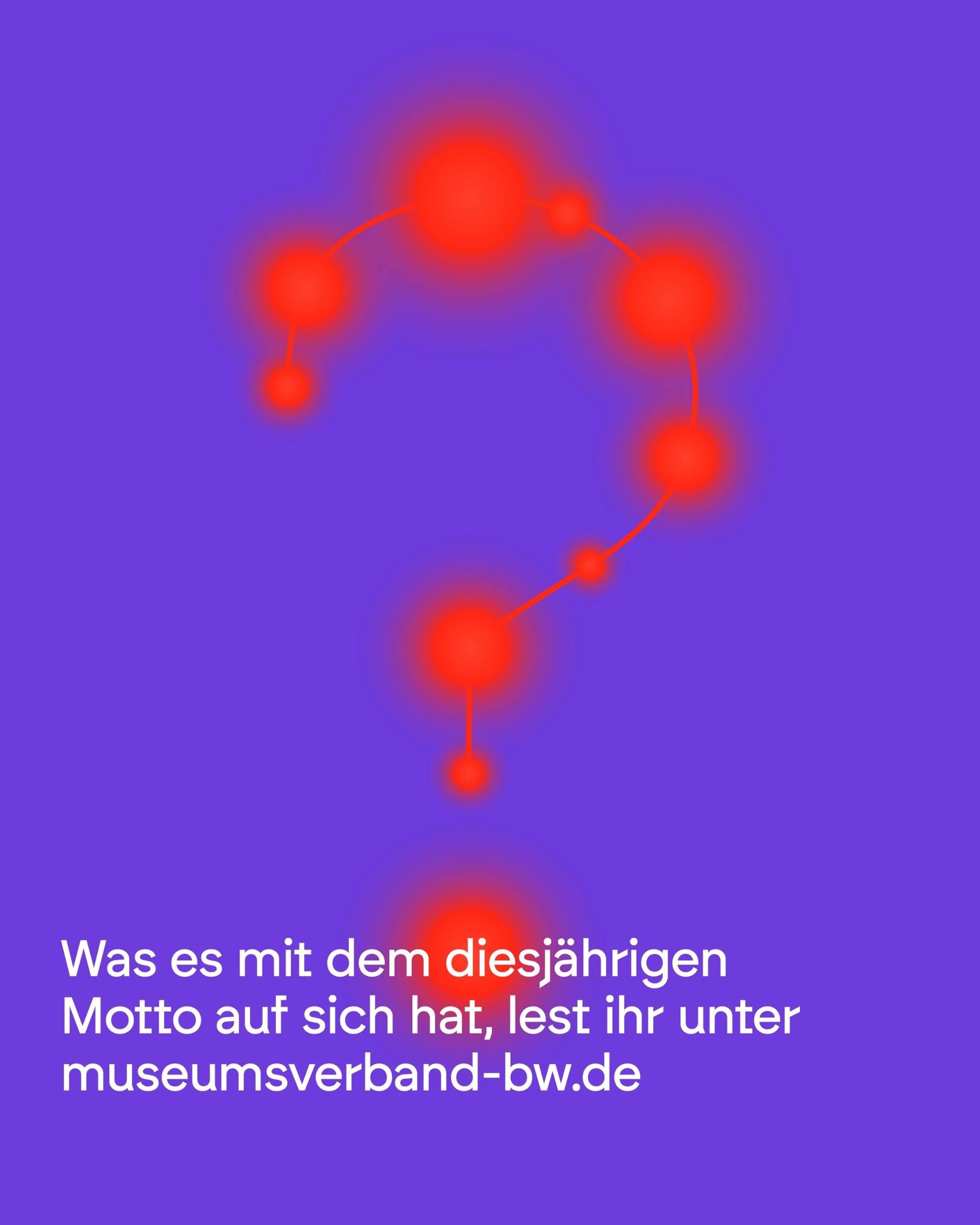 Dieser Alternativtext wurde KI-generiert: Abstrakte Anordnung leuchtend roter Kreise auf violettem Hintergrund. Unterhalb befindet sich Text, der auf eine Webseite verweist.