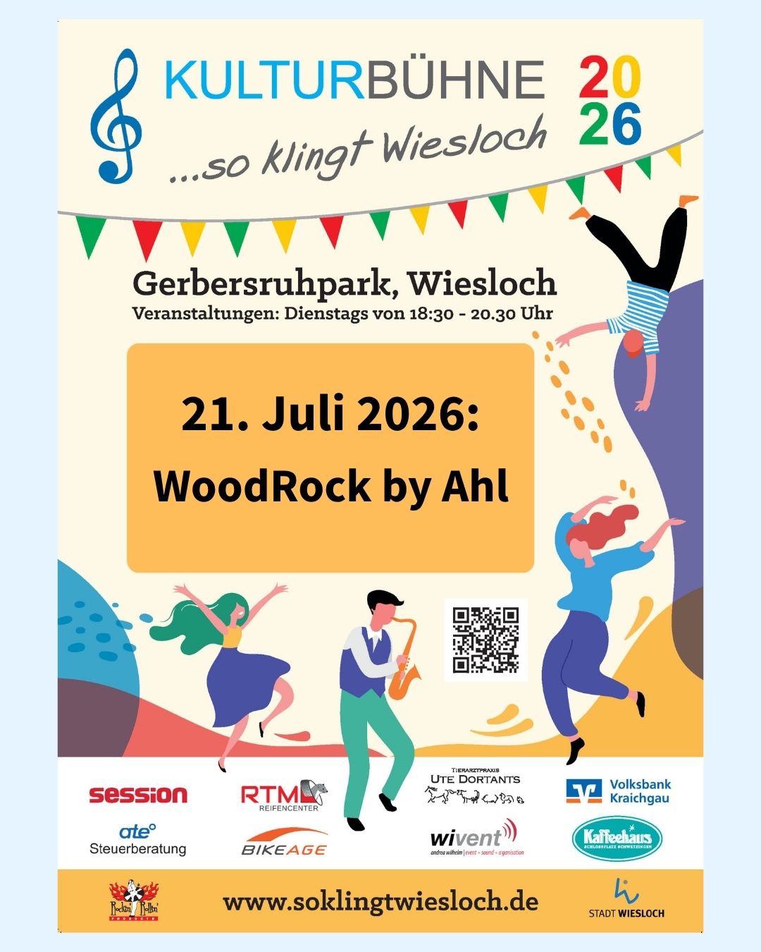 Plakat für die Kulturbühne Wiesloch 2026 im Gerbersruhpark. Am 21. Juli 2026 findet die Veranstaltung WoodRock by Ahl statt. Stilisierte Illustrationen zeigen Personen beim Tanzen und Musizieren. (KI-Alternativtext)