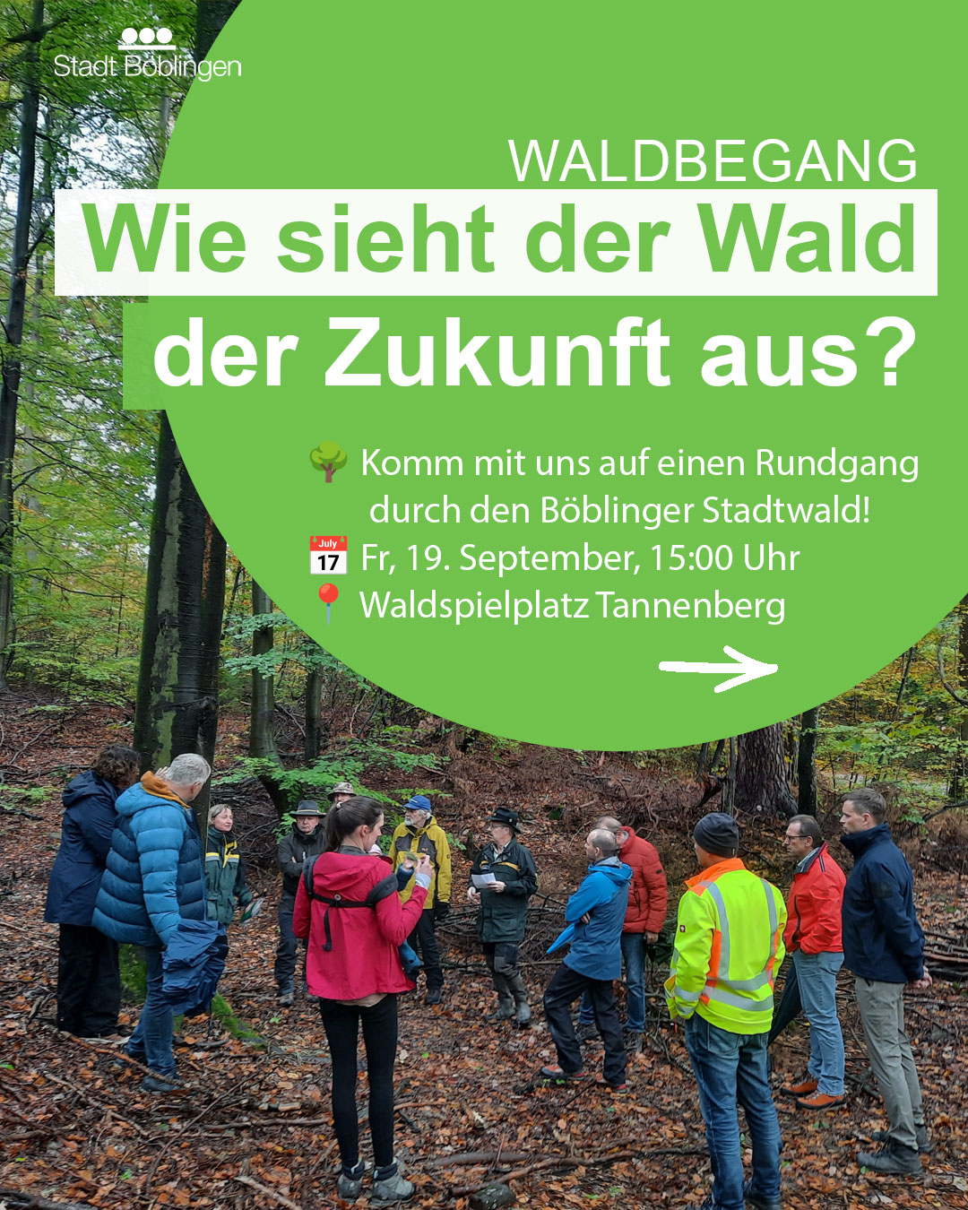 Dieser Alternativtext wurde KI-generiert: Ein farbenfrohes Plakat bewirbt einen Spaziergang durch einen Wald. Mehrere Personen sind auf einem Waldweg zu sehen.