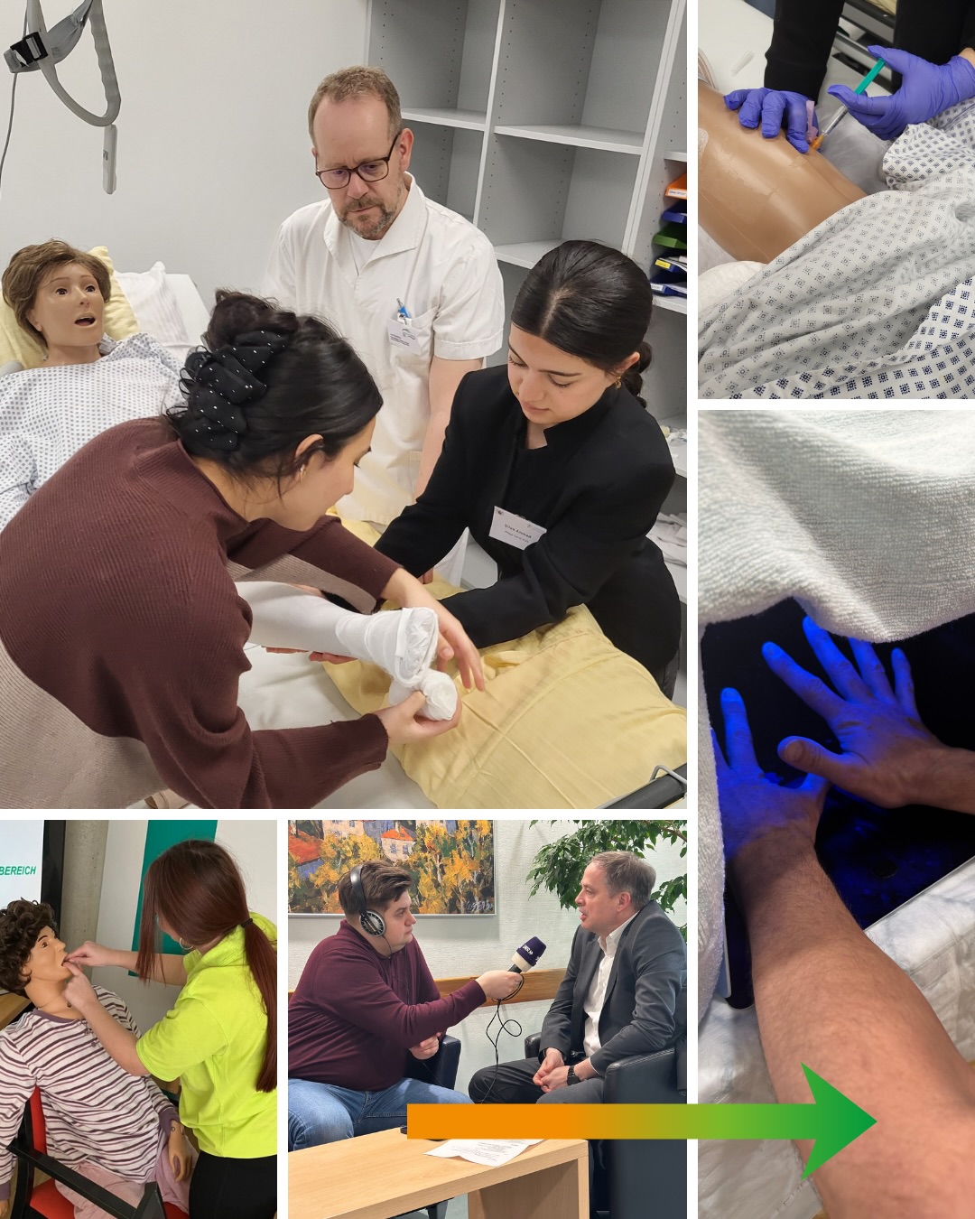 Dieser Alternativtext wurde KI-generiert: Eine Collage zeigt verschiedene Szenen, darunter medizinische Untersuchungen, Gespräche und eine Person mit einem Headset. Einige Bilder sind farbig, andere haben einen Blaustich.