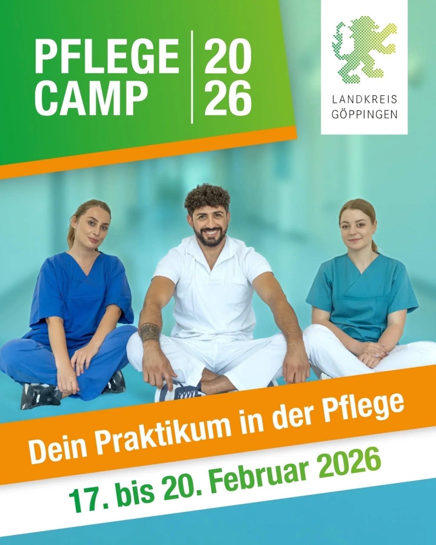 Dieser Alternativtext wurde KI-generiert: Werbeanzeige mit mehreren Personen in medizinischer Kleidung. Der Text bewirbt ein Praktikum im Pflegebereich vom 17. bis 20. Februar 2026.